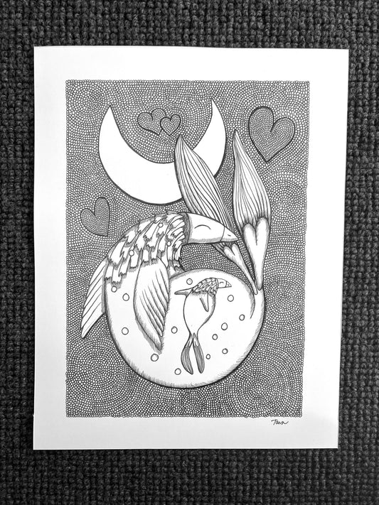 Black and White Print Penguin Fish with Baby and Moon