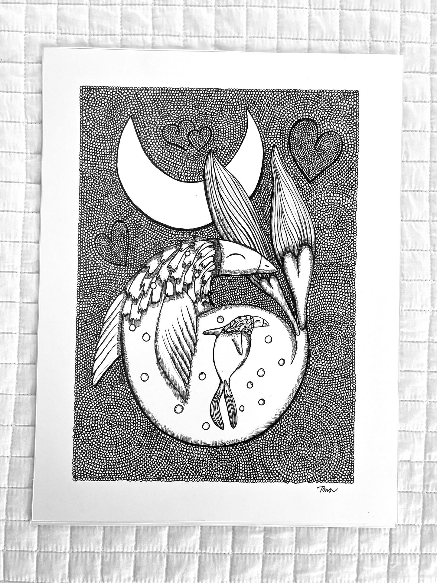 Black and White Print Penguin Fish with Baby and Moon