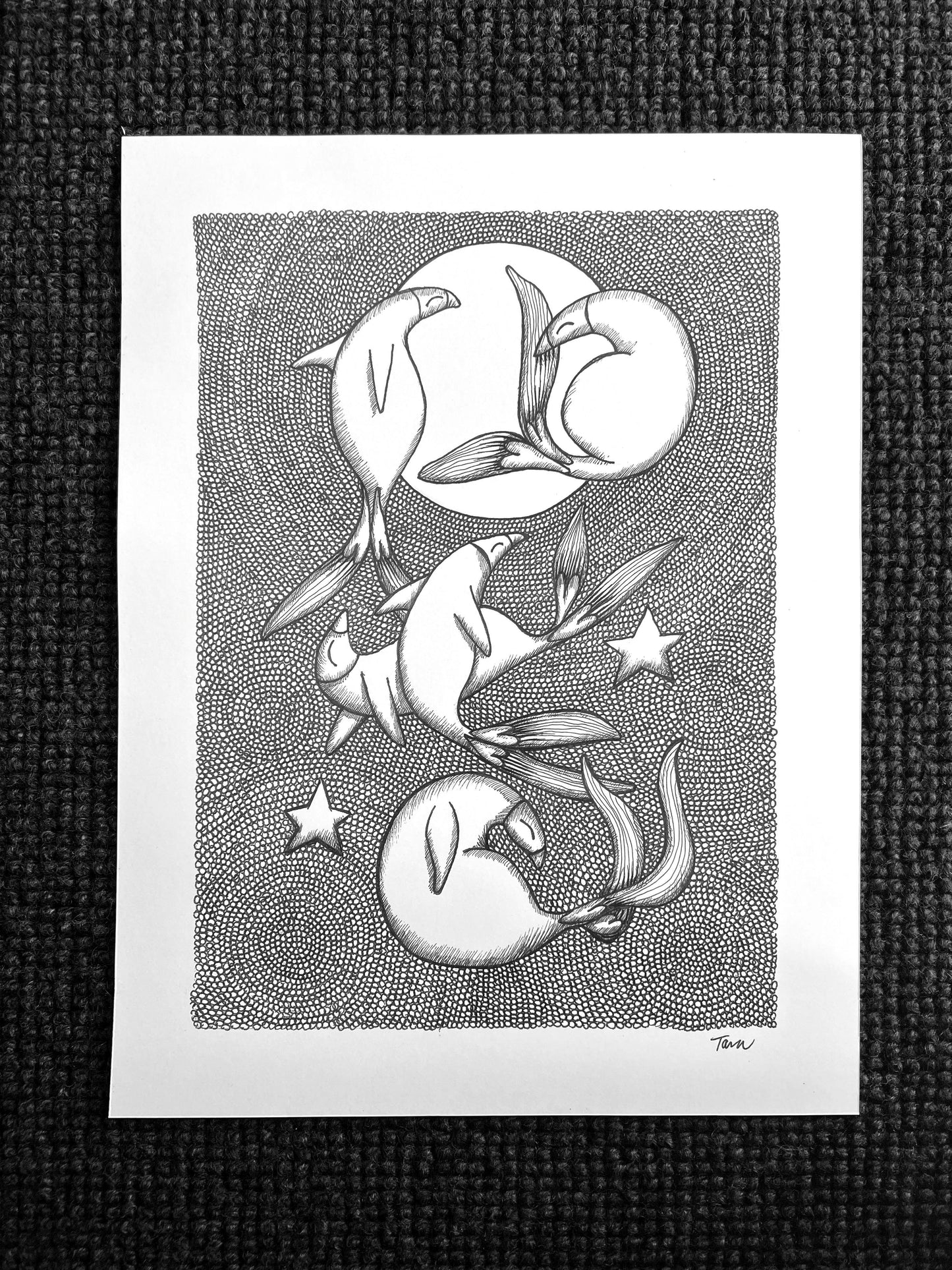 Black and White Print Frolicking Penguin Fish