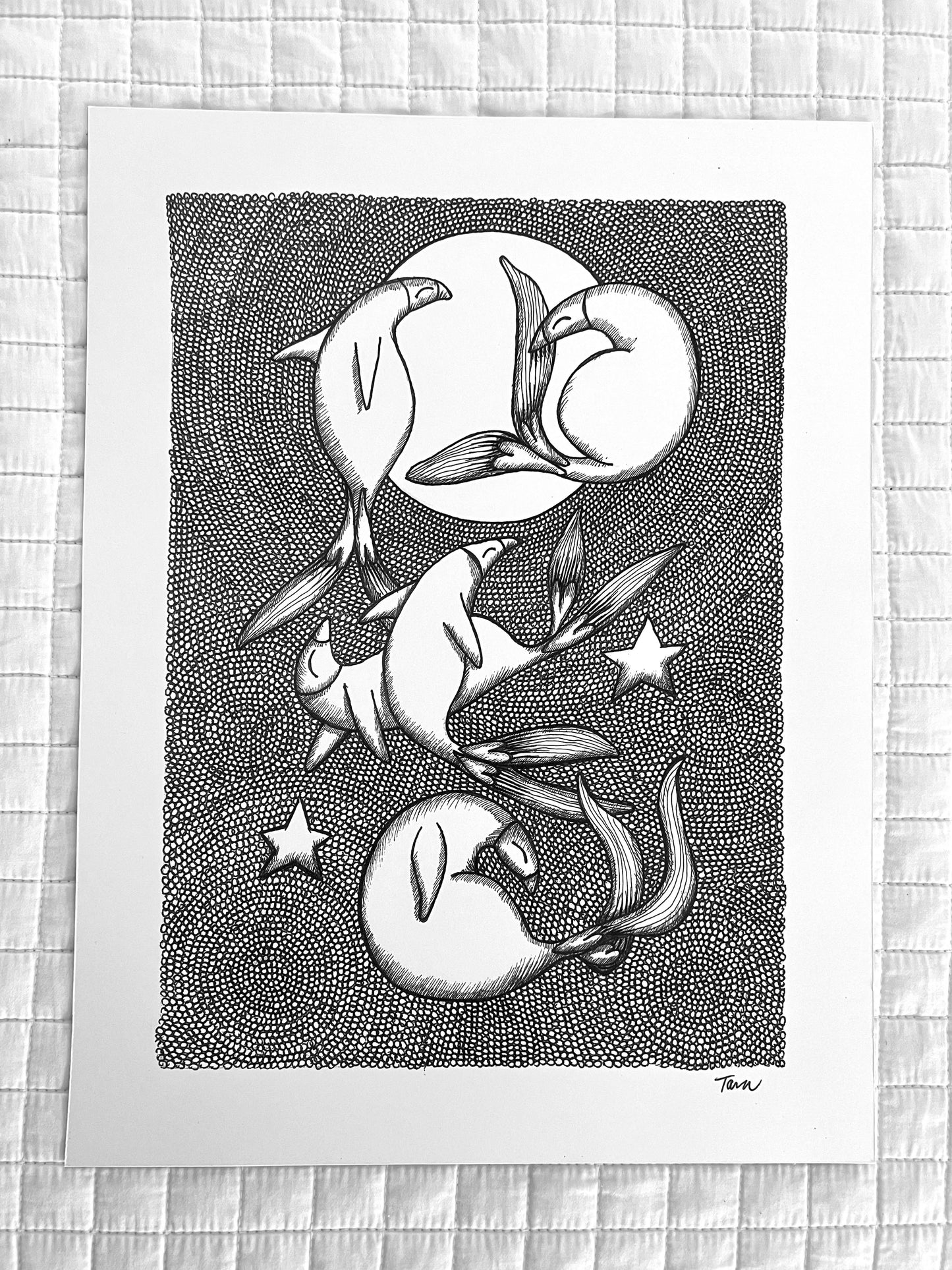 Black and White Print Frolicking Penguin Fish