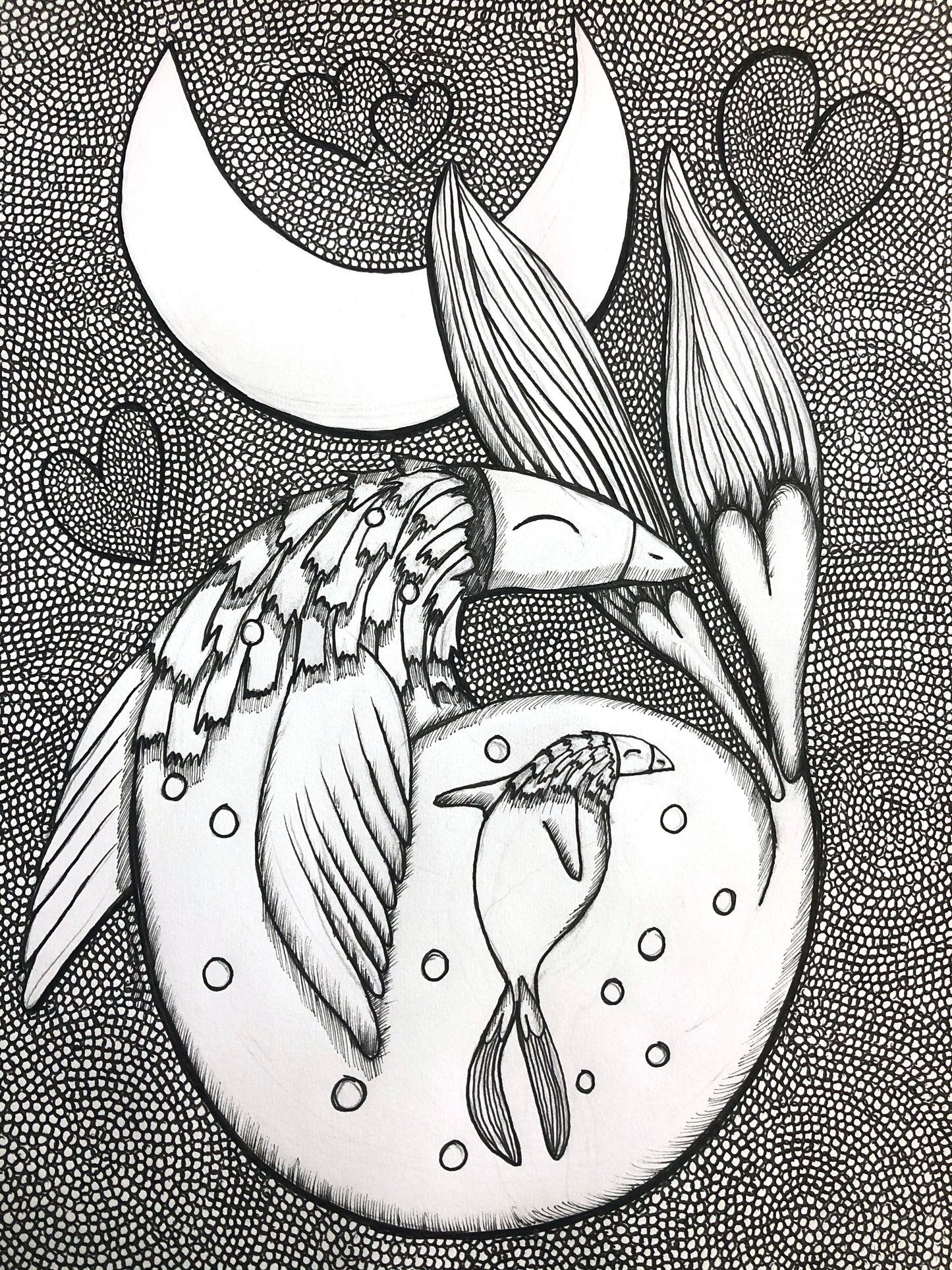 Black and White Print Penguin Fish with Baby and Moon