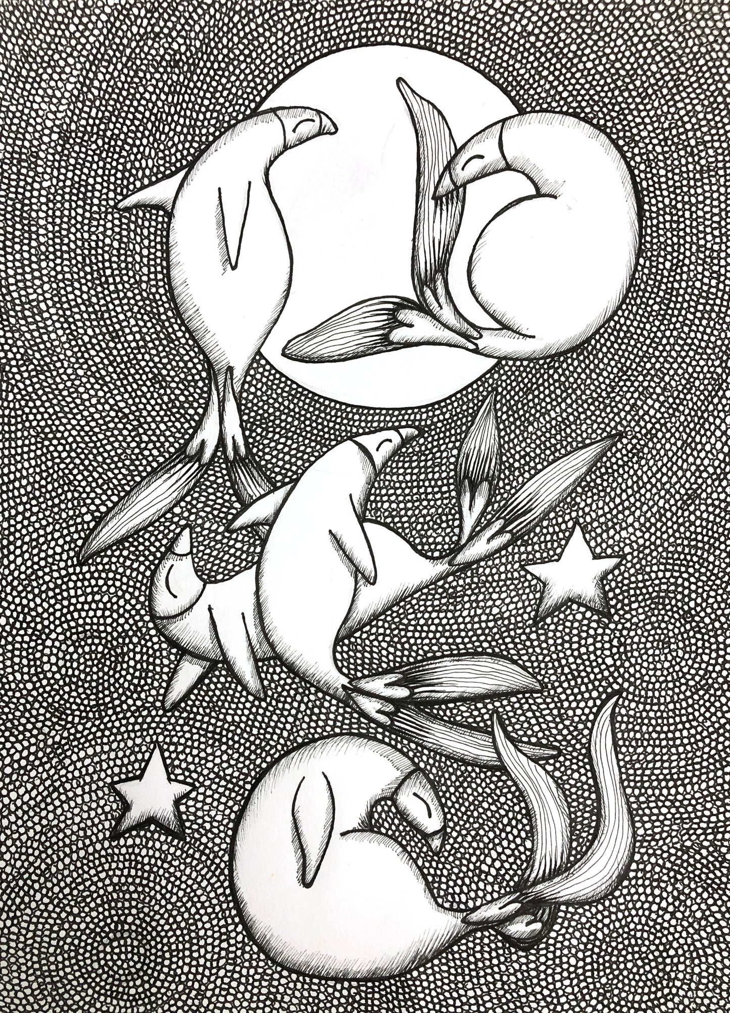 Black and White Print Frolicking Penguin Fish