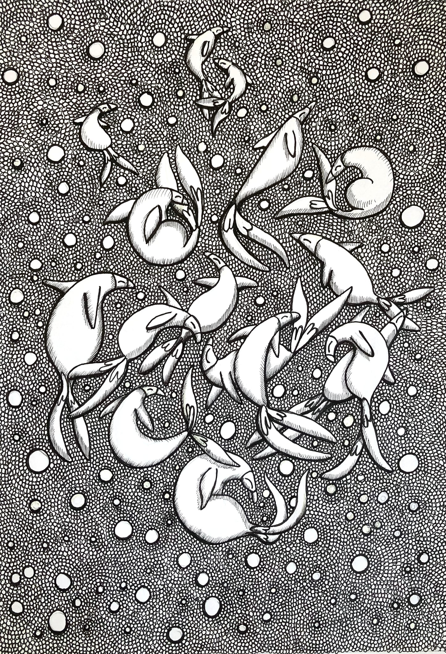 Black and White Print Penguin Fish Party